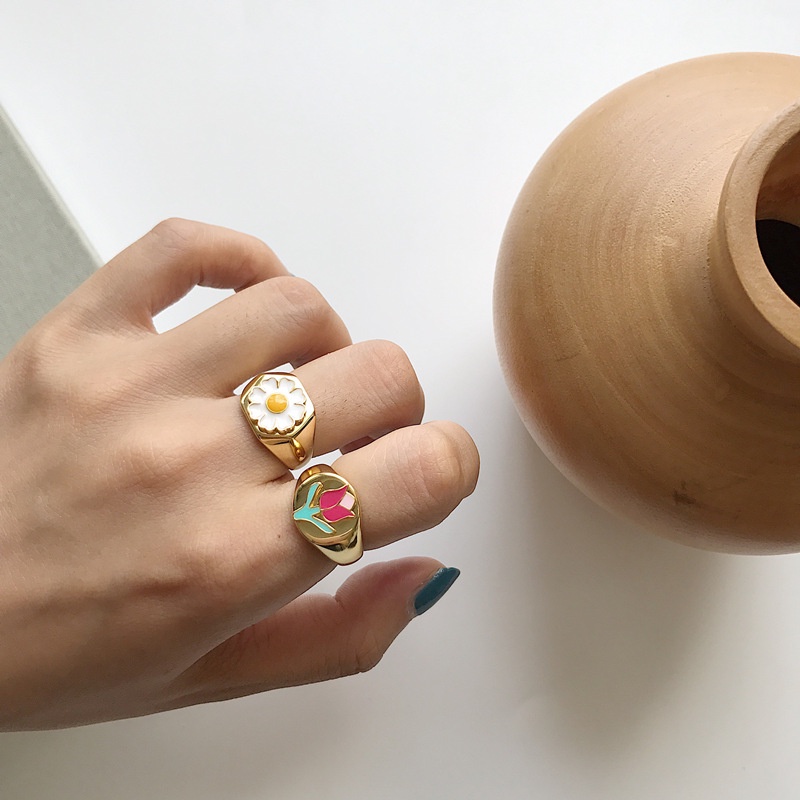 Korean Simple Gold Rings Oil Dripping Vintage Ins Style Heart Shape Colorful Ring for Women Jewelry Fashion Accessories