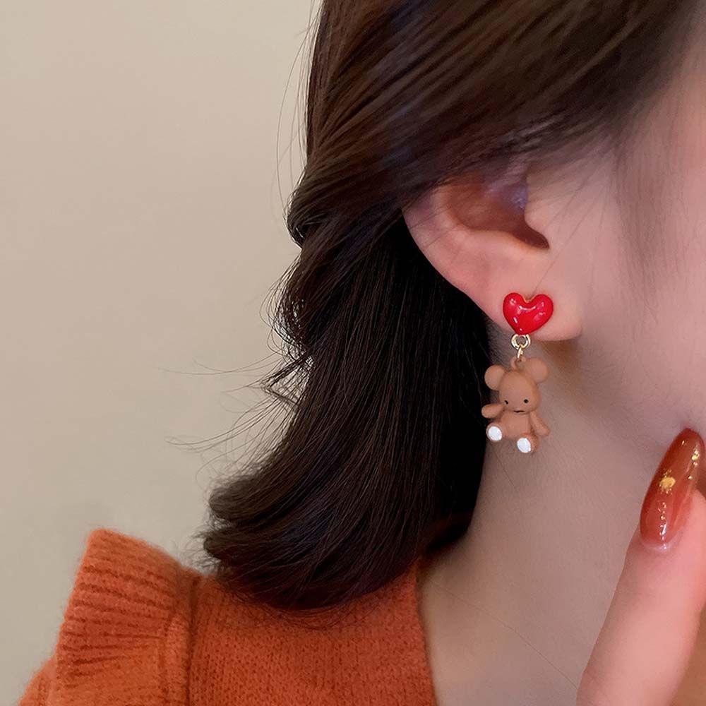 Mxbeauty Bear Stud Earring Minimalis Temperamen Wanita Hitam Kotak Putih Kartun Gadis Gaya Korea Earrings