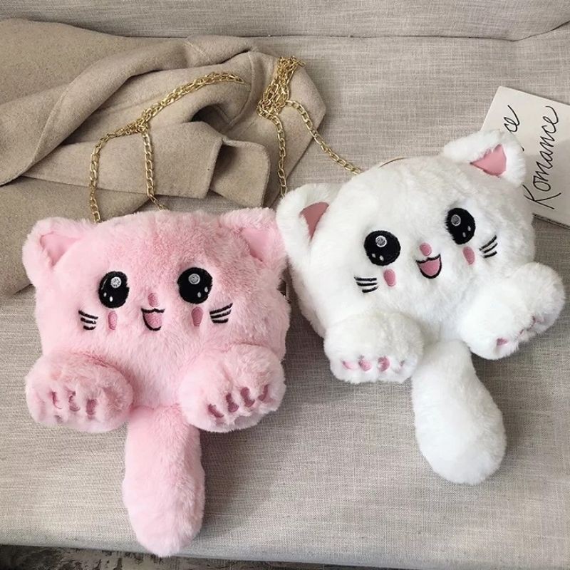 Tas Selempang Boneka Kucing bulu korean style original termurah Tas Wanits Miniashion Lembut Plush C