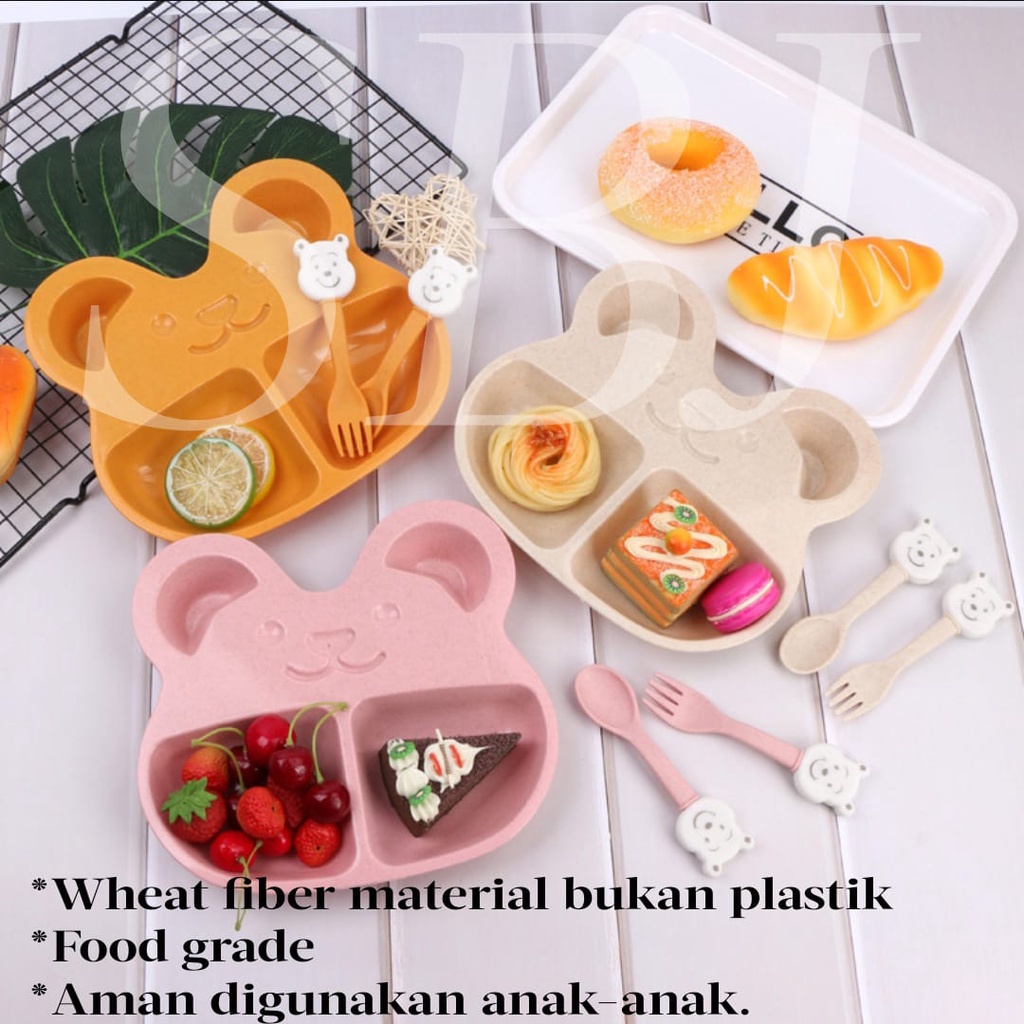 Set piring makan anak sekat bento bahan wheat fiber ada sendok garpu