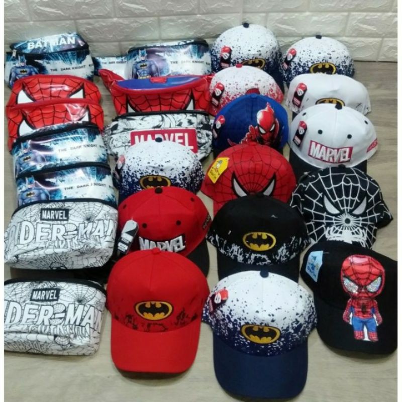 Wesbag anak laki laki, Waist Bag Anak Laki Laki Motif Superhero Batman dan Topi Anak REALPICT