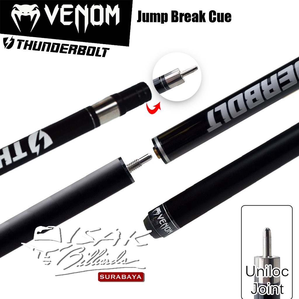 Venom Thunderbolt Jump Break Cue | Black 13.5mm Stick Loncat Billiard