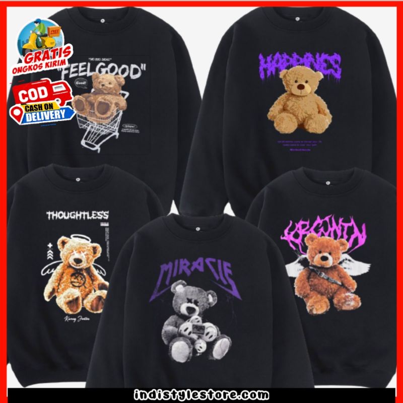 Sweater Crewneck Hitam Teddy Bear Distro Pria Wanita Switer Cn Cowo Cewe Sweeter Creunek Animasi Ker