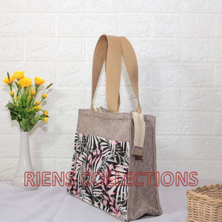 RIENS COLLECTIONS. TAS GONI WANITA KOMBINASI KANVAS MOTIF FLORAL PALM HITAM