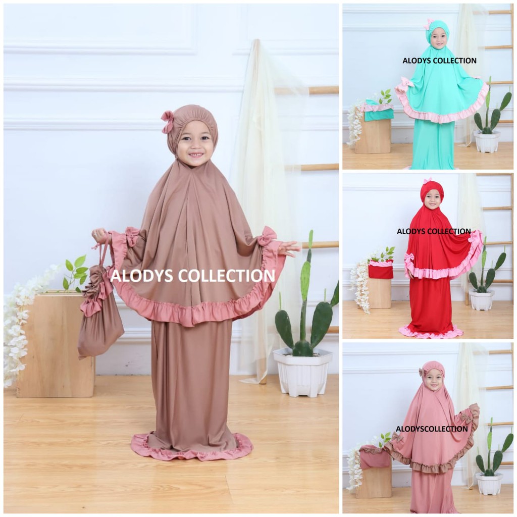 Mukena Anak Variasi Pita 3 Rempel Size M Usia 2-5 Tahun Bahan Jersey Termurah / Alody's Collection