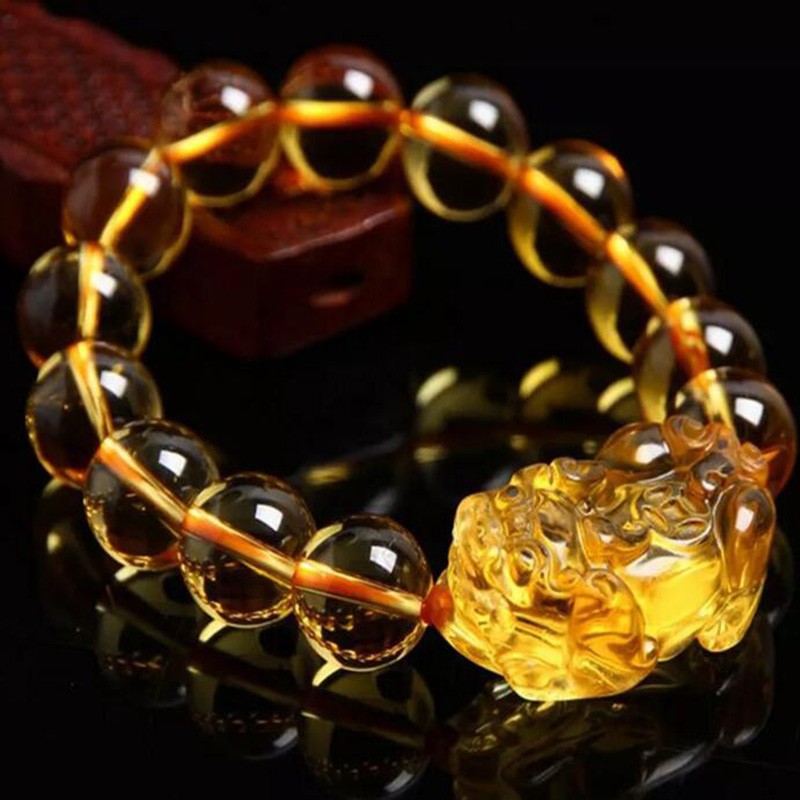 Gelang Manik-Manik Citrine Pixiu Keberuntungan Ukuran 10/12/14Mm Untuk Kado Ulang Tahun