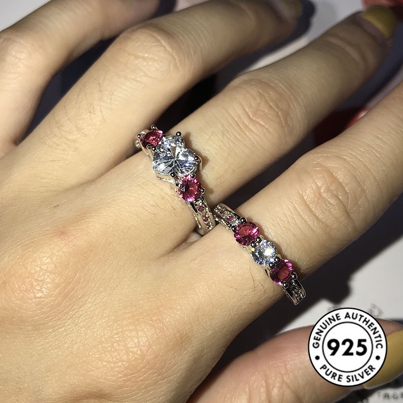 Set Cincin Sterling Silver 925 Dengan Ruby Bentuk Hati Untuk Wanita