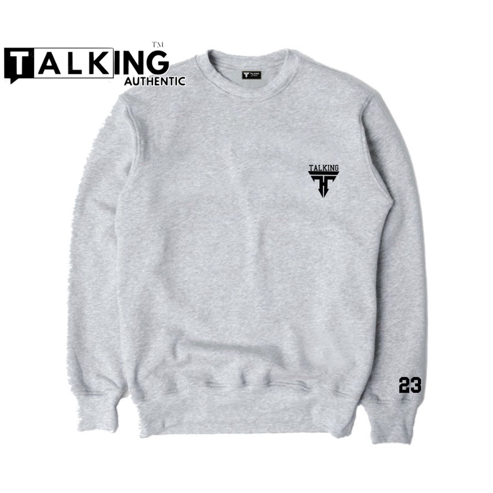 TAlKING Sweater Crewneck Original Distro Abu Misty Sablon Simpel LOGO TALKING Suiter Crunek Remaja Dua Varian Kerah Tinggi Dua Varian Di Tangan Sweater Hoodie Oversize Cotoon Flecee Tebal Size M L XL XXL