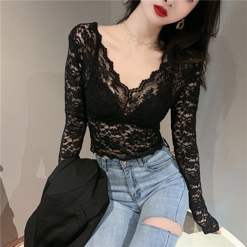 atasan renda import lace bottoming shirt women v-neck sexy mesh with foreign high-end small top shor