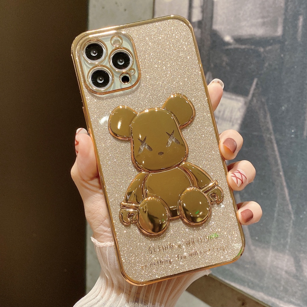 Casing Soft Case iPhone 11 12 13 Pro MAX XR XS MAX 7 + 8Plus XX 6D Motif Beruang Glitter