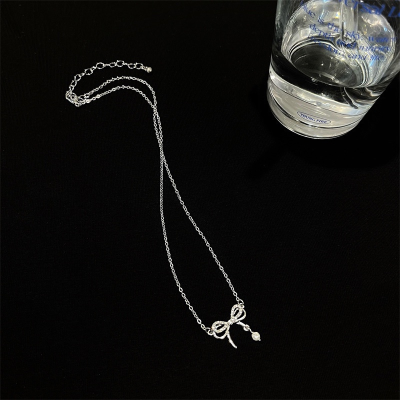 Papaozhu Trendi s925 Perak Berkilau Zirkon Berongga Busur Choker Kalung Untuk Wanita Perempuan Korea Lucu CZ Ikatan Simpul Liontin Kalung Perhiasan
