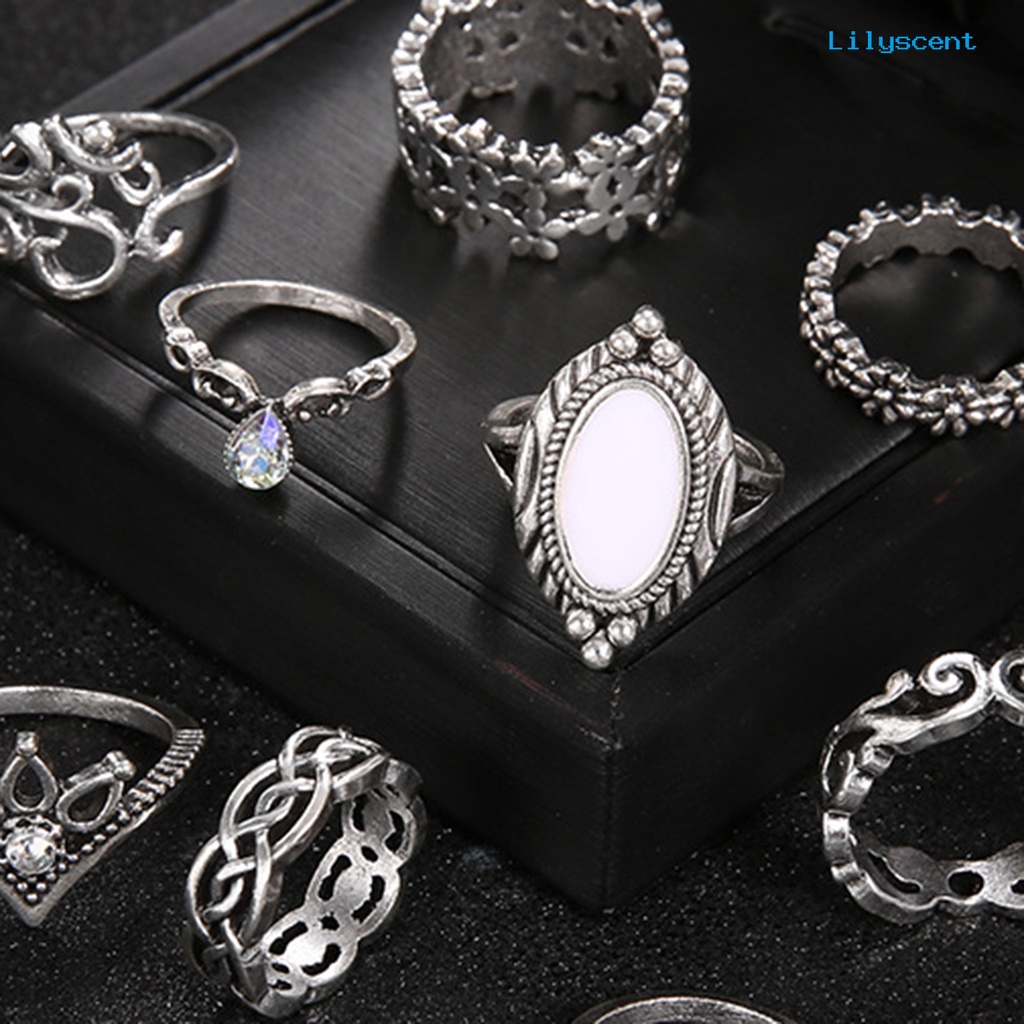 10pcs Cincin Knuckle Desain Bulan Hollow Out Stackable Gaya Bohemian Untuk Wanita