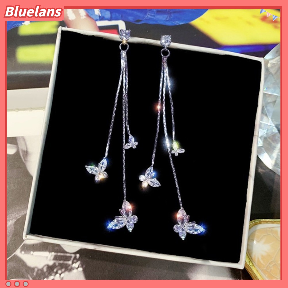 Anting Stud Panjang Juntai Bentuk Kupu-Kupu Aksen Kristal Untuk Wanita