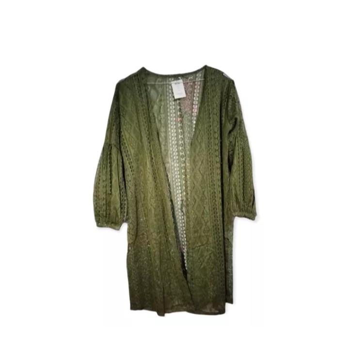 Pakaian Wanita Muslimah Long Outer Brokat Lace Cardigan Putih lengan panjang Bahan Lembut Nyaman Saat Di Pakai-hijau.mk
