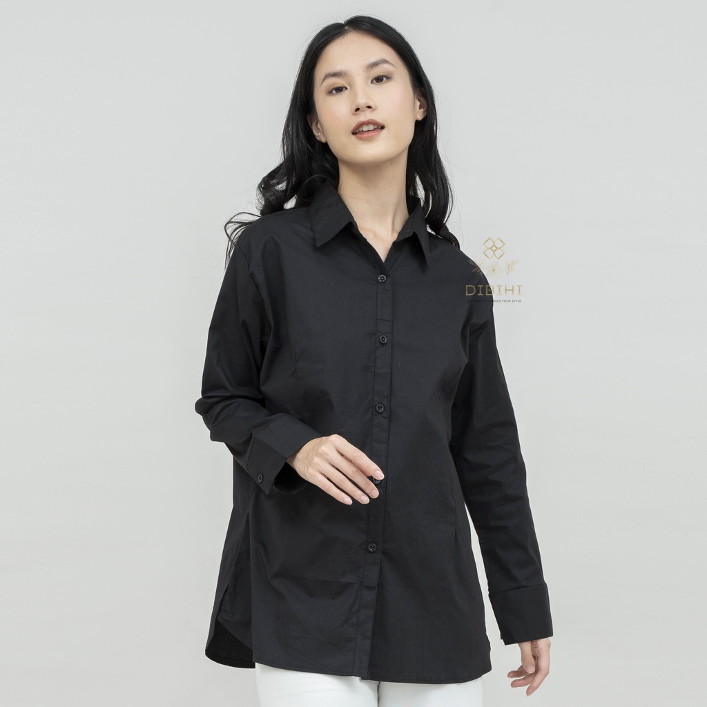 Kemeja Dibihi Kerja Formal Hitam Polos Wanita Bahan Katun Stretch Black Shirt Women