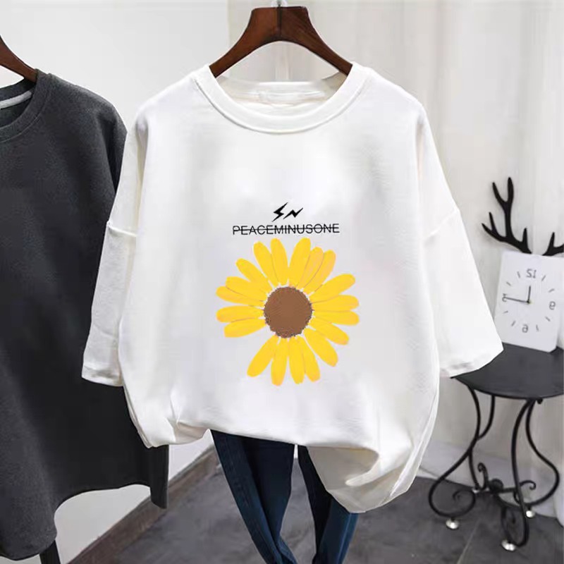 Kaos Longgar Oversize Tee Tshirt Wanita Model Longgar Besar Motif Bunga Matahari