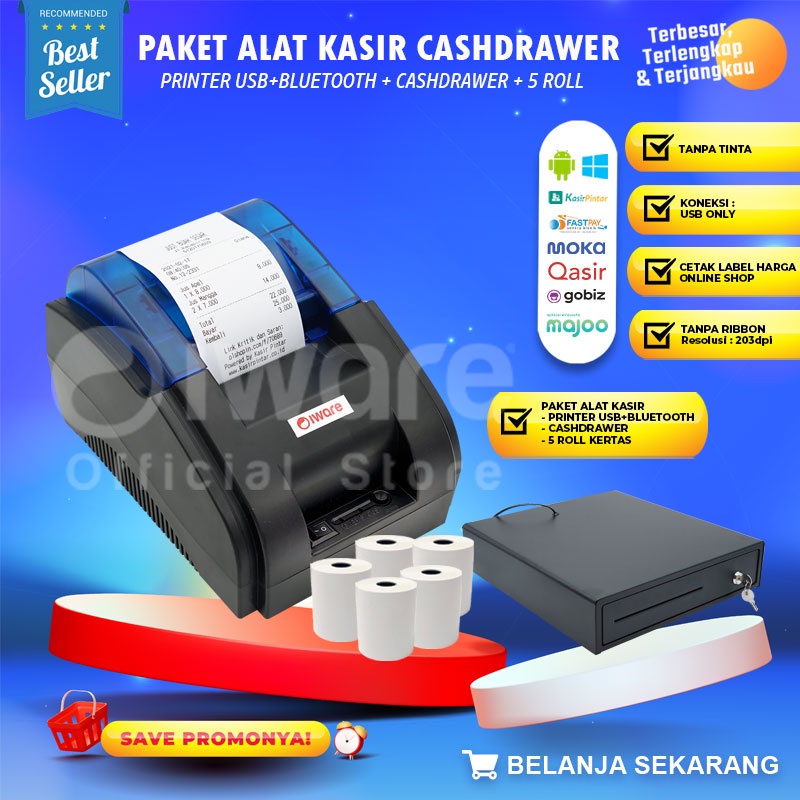 Paket Alat Kasir, Printer Kasir Thermal Bluetooth , Cash Drawer Free 5 Roll