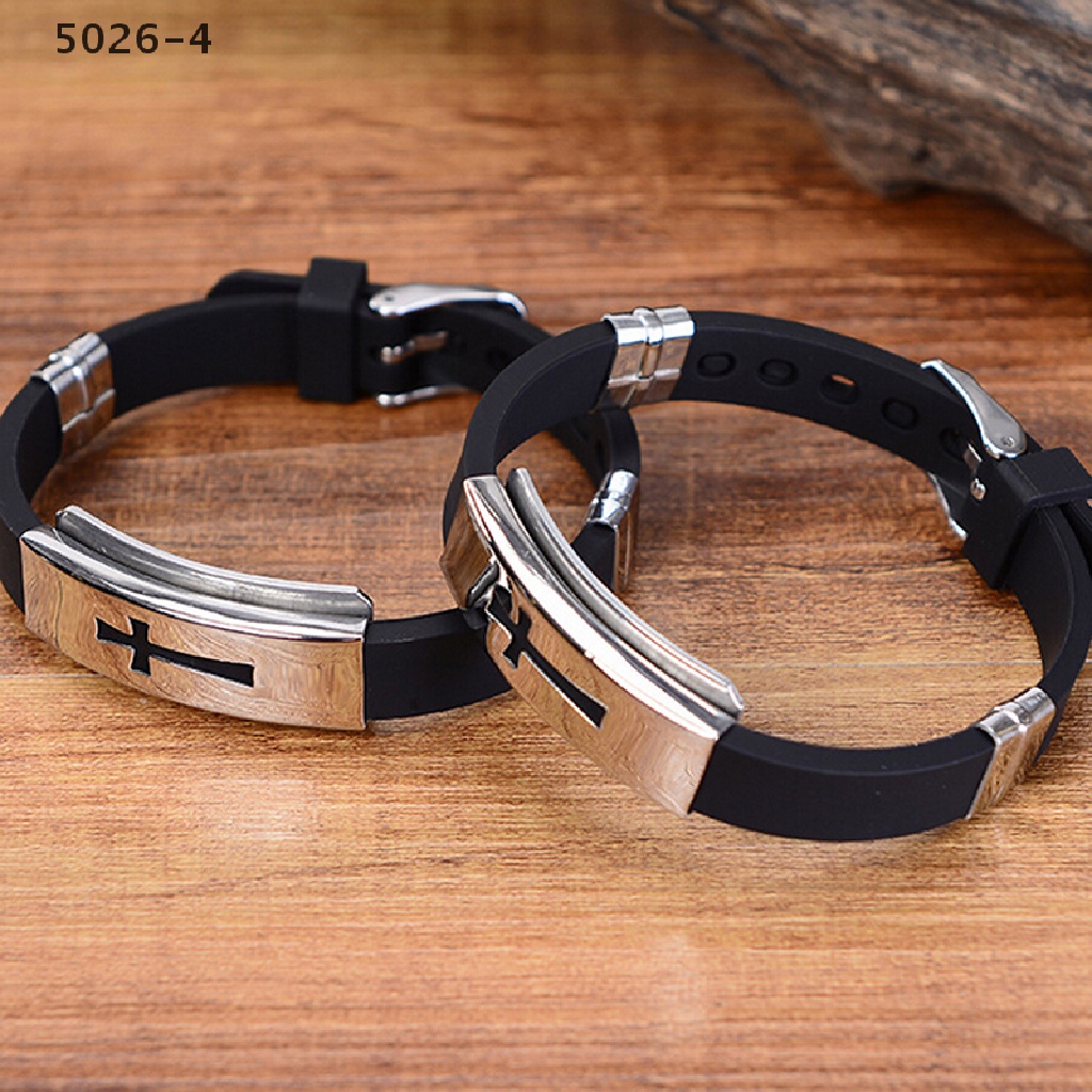 5026-4 Men Fashion Silver Cross Stainless Steel Black Rubber Bracelet Bangle Wristband 5026-4