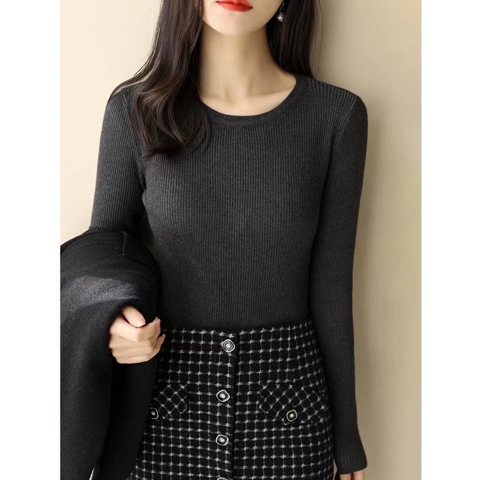 【Elegant】Knit Long Sleeve Round Neck Stretch Slim Shirt Sweater 7421