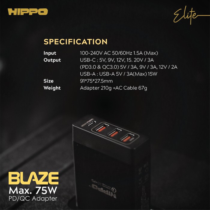 ADAPTOR CHARGER HIPPO ELITE BLAZE 75W ( Simple Pack ) 3 PORT USB + PD QC 3.0 ORIGINAL original