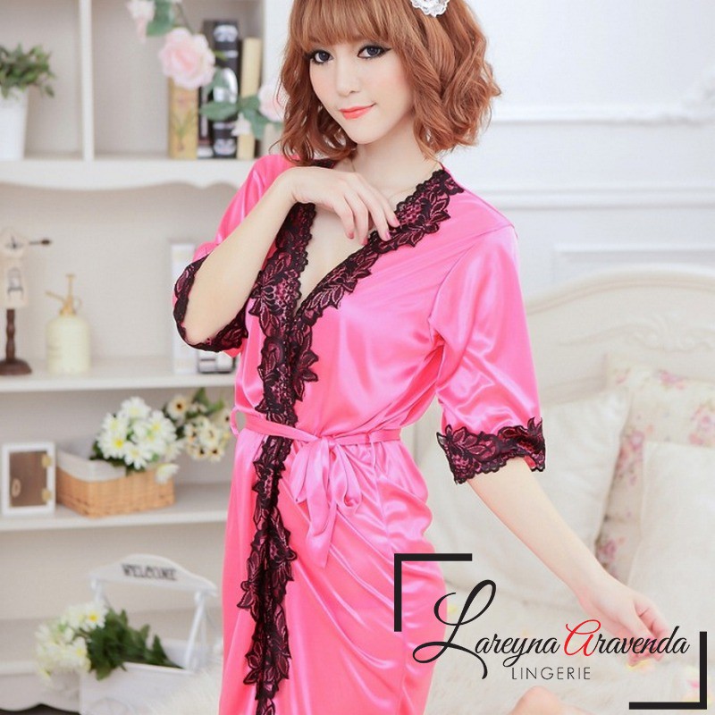 Set Lingerie Seksi + G String Model Kimono List Renda Lace LG030