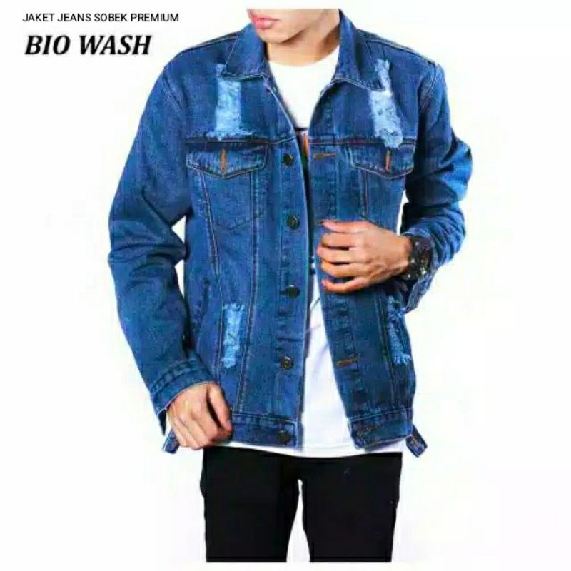 (SIAP KIRIM) JAKET JEANS PRIA SOBEK MOTIP RIPPED MURAH GAYA WARNA BIRU MUDA & BIRU TUA BLITZ BIOWOSH