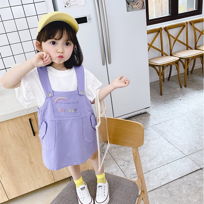 KF Cat Dress Overall Anak Perempuan Motif Rainbow Kaos Pendek Import Korea Style 1-4 Tahun Anak Cewek Set-2