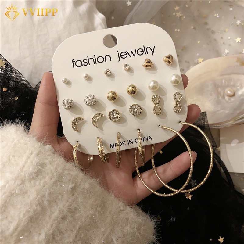 Korean Crystal Pearl Earring Set Fashion Love Heart Stud Earrings Big Circle Hoop Earrings for Women Jewelry Accessories