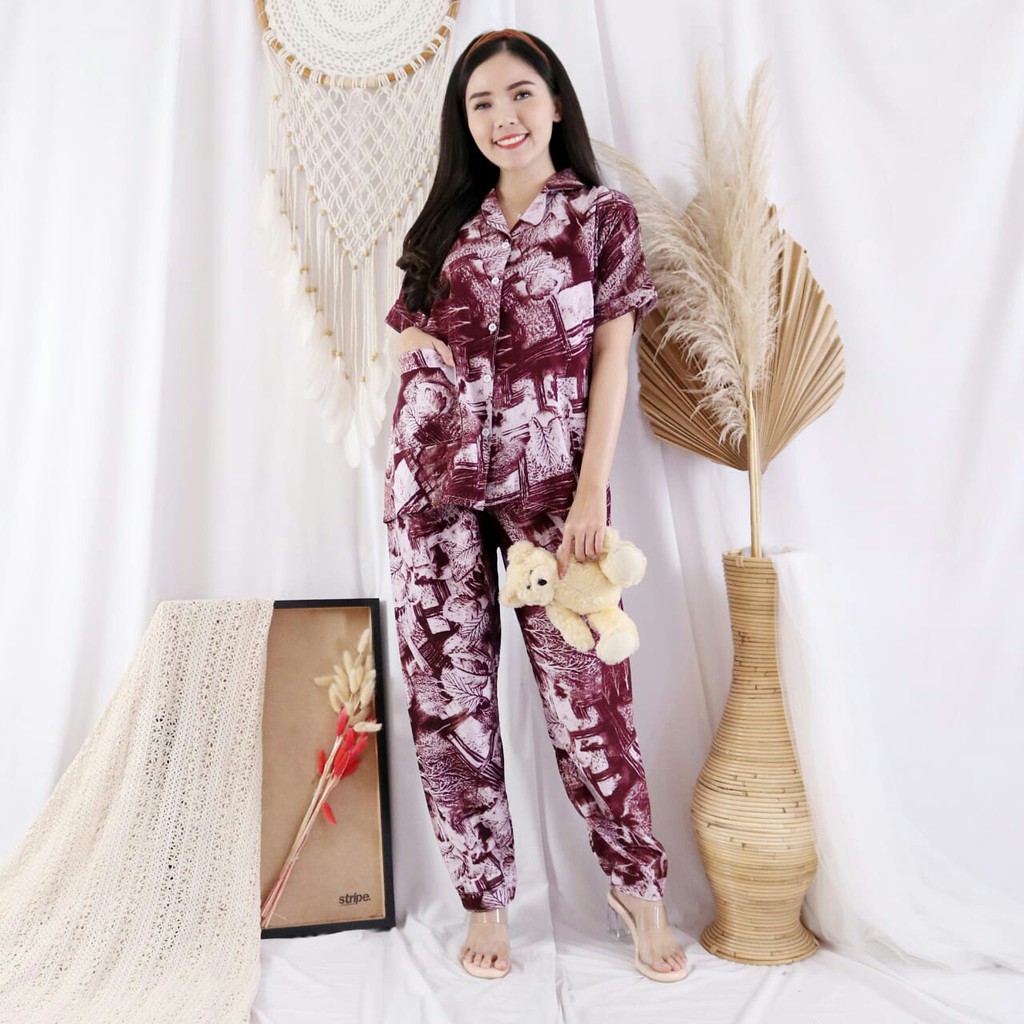 Baju tidur Piyama Set Wanita Celana Panjang Viola Tie Dye Size XL