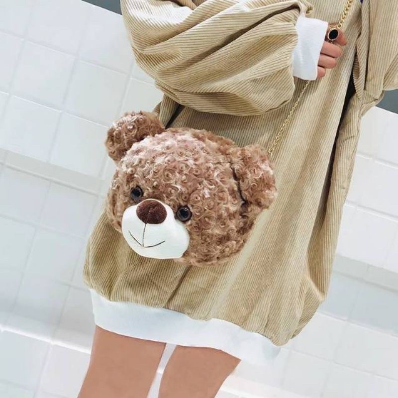 Tas Selempang Bulu Tedy Bear Mini Wanita - Slingbag Mini Kepala Beruang Kriting Berbulu Lembut