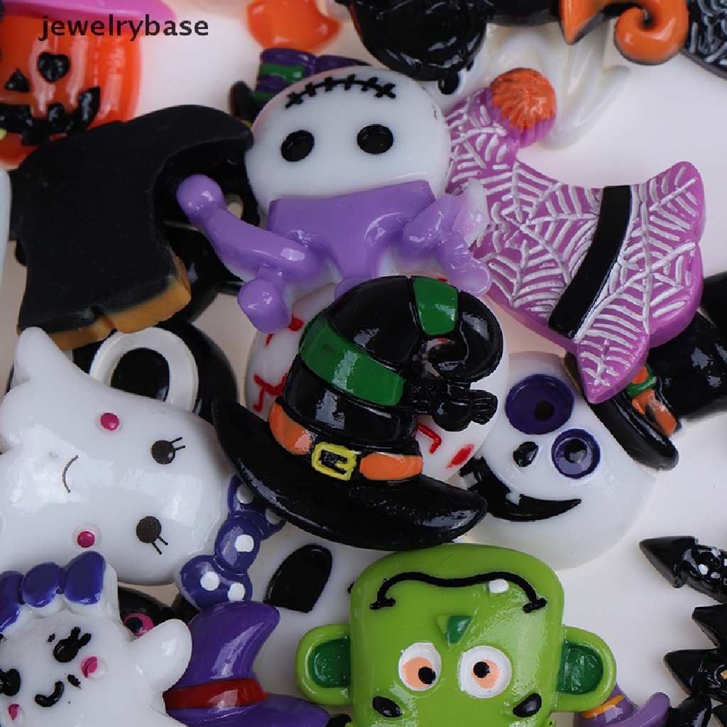 10 Pcs cabochon flatback Desain Labu Hantu Halloween Bahan resin