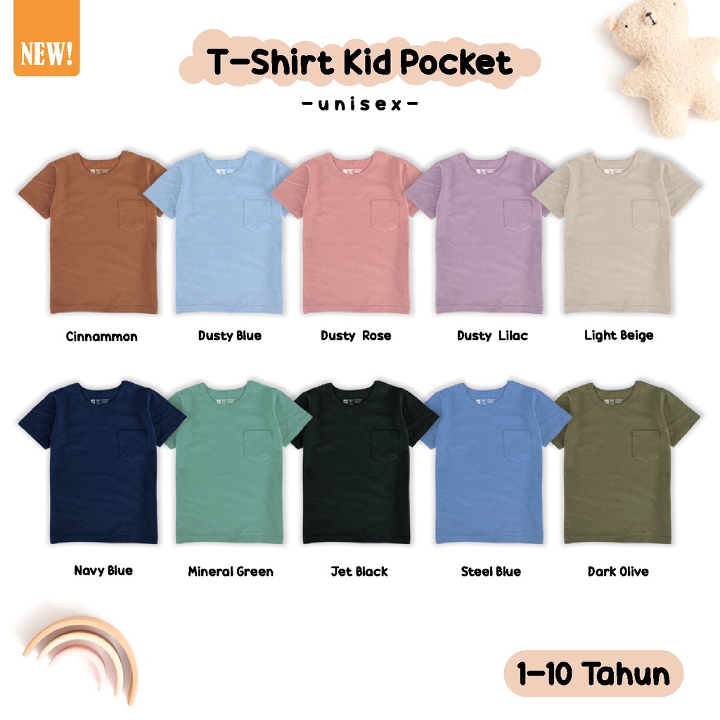 Kaos Polos Anak Unisex Kantong Pocket Premium Cotton // Atasan Anak Laki Laki Perempuan (1-10 Tahun)