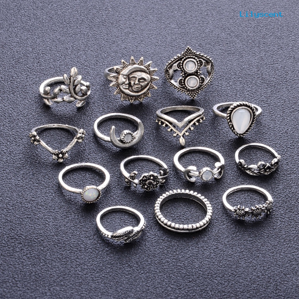 14 Pcs Cincin Knuckle Bentuk Bulan Dan Bunga Matahari Gaya Vintage Untuk Wanita