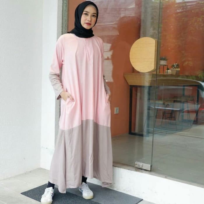 GAMIS JERSEY ABU ABU SILVER MOTIF RELIEF BAJU WANITA SYARI MURAH HASUNA SHOP LONG DRESS HASUNASHOP I