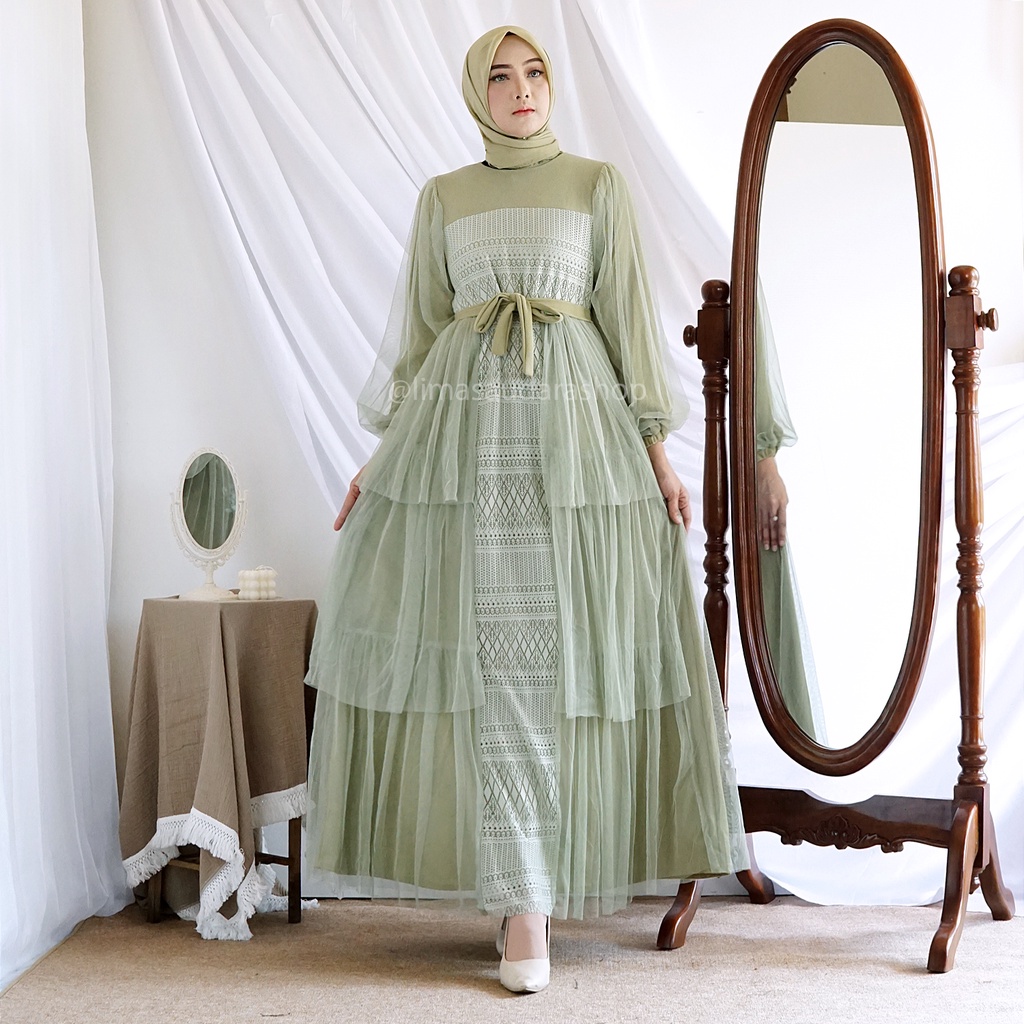 Gamis Raissa - Gamis Syari Wanita Lux Maxi Tali Ikat Depan Rok A Line Retsleting Depan Gamis Pesta Raya Wisuda Pesta Lebaran 2022