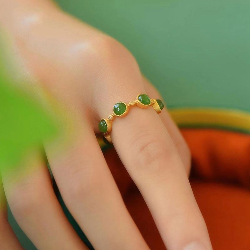 Cincin 925 Silver 14K Gold Plated Aksen Giok Hijau Gaya Vintage Untuk Wanita