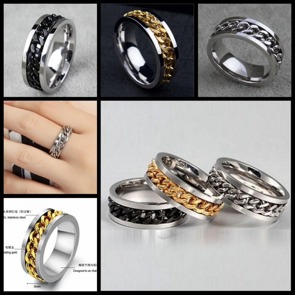 Cincin Model Rantai Putar Bahan Titanium Steel Warna Silver / Hitam / Gold Untuk Pria