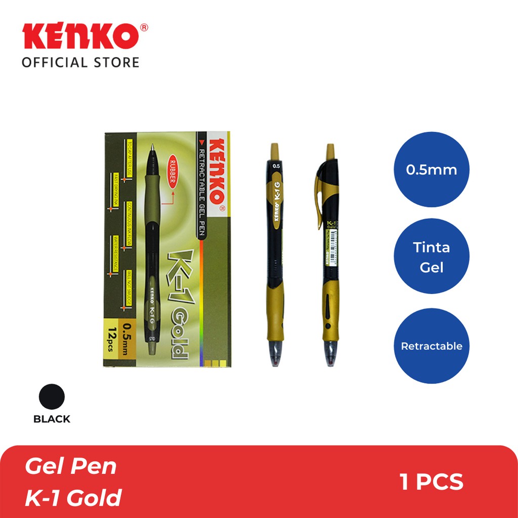 

KENKO GEL PEN / Pulpen Jel / Pena Jel Cetek K-1 GOLD Black Retractable