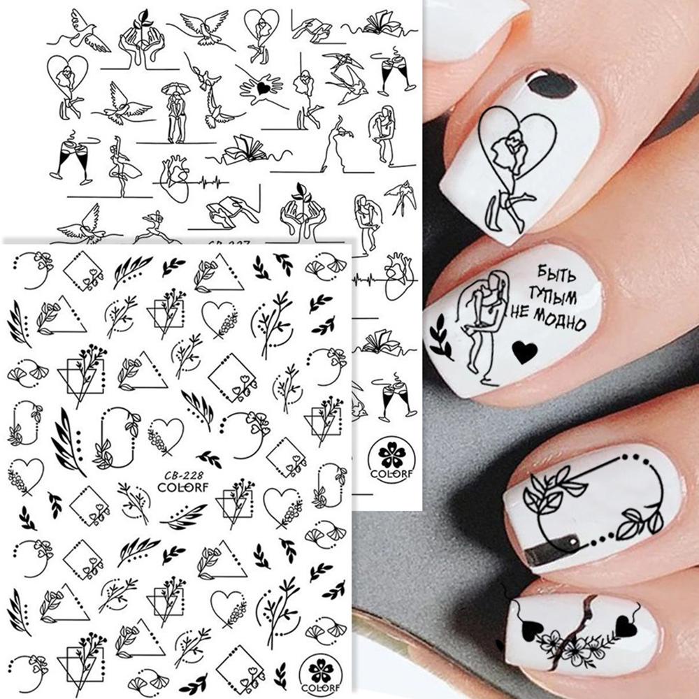 R-flower Stiker Kuku Valentine Love Geometris 3D Hitam