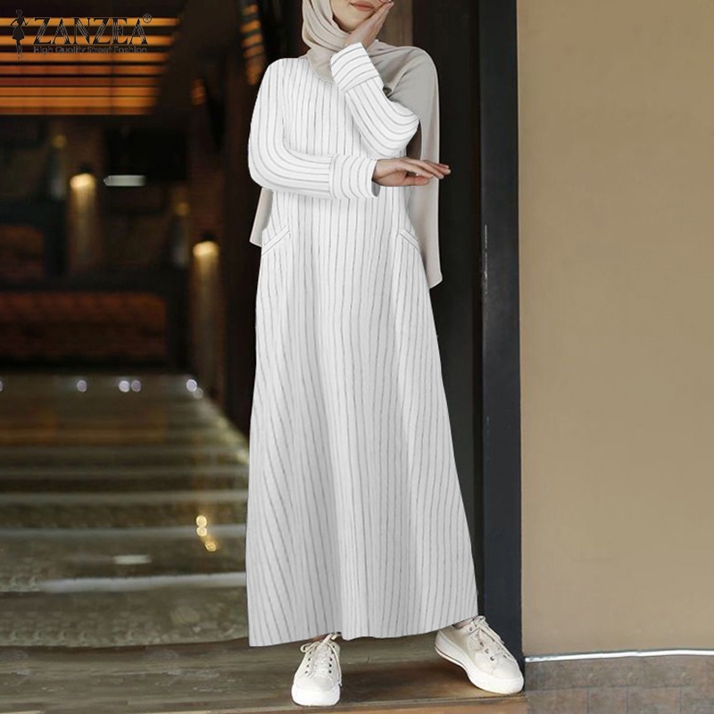 ZANZEA Muslim Women O-neck Striped Long Sleeve Pockets Dress