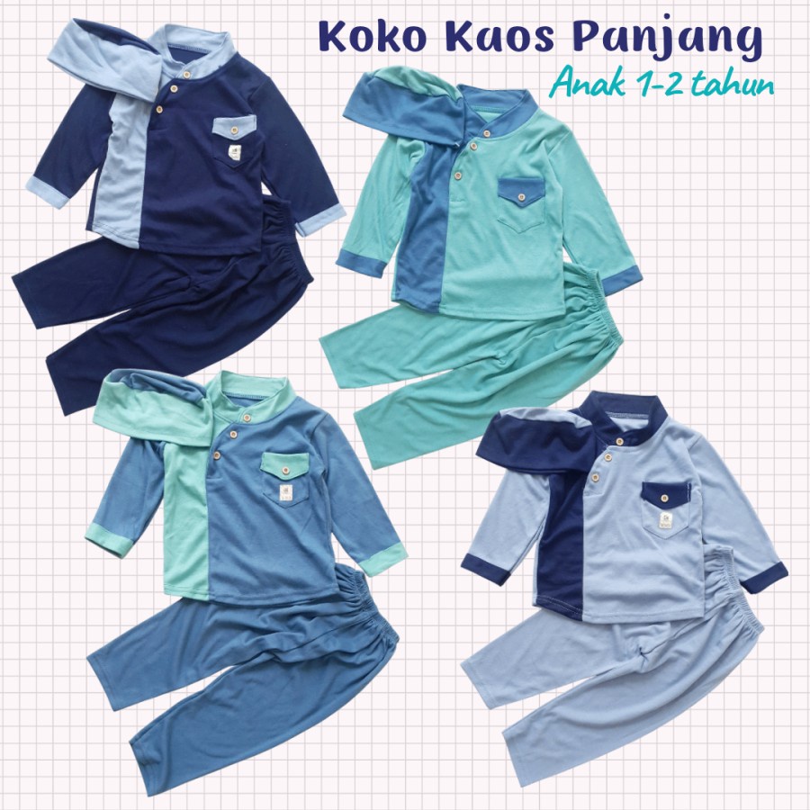 Setelan Baju Muslim Anak Laki Koko Kaos Panjang Biru Tosca ALLSIZE Utk Sekitar Usia 1 - 2 Tahun