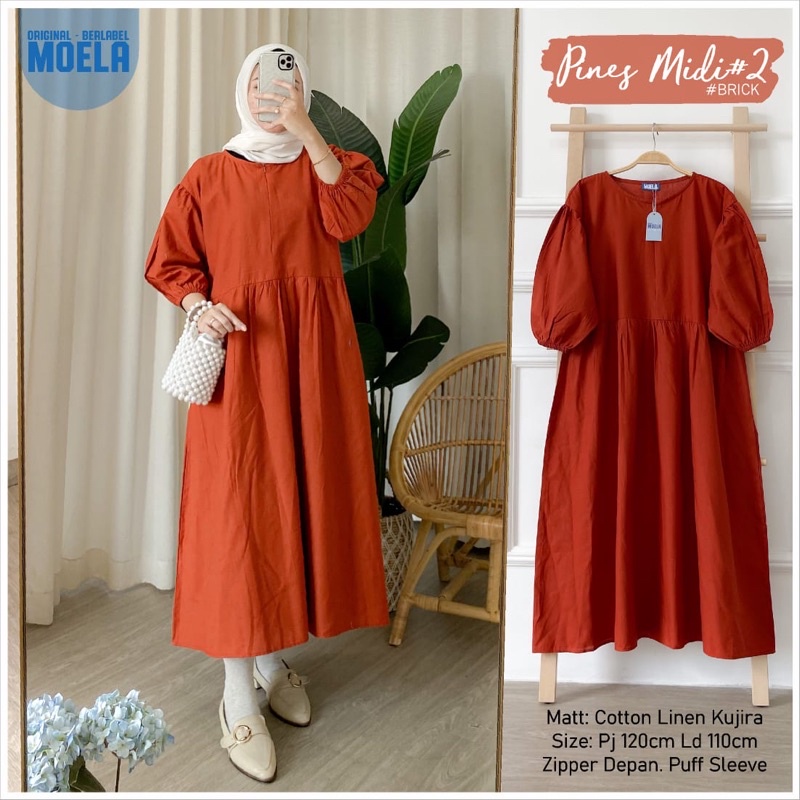 Pines midi dress ori moela solo katun linen kujira ld 110 busui ziper depan polos