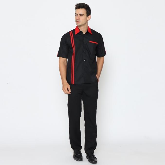 Kemeja office baju seragam pria unisex atasan SKPT hitam garis merah PROMO