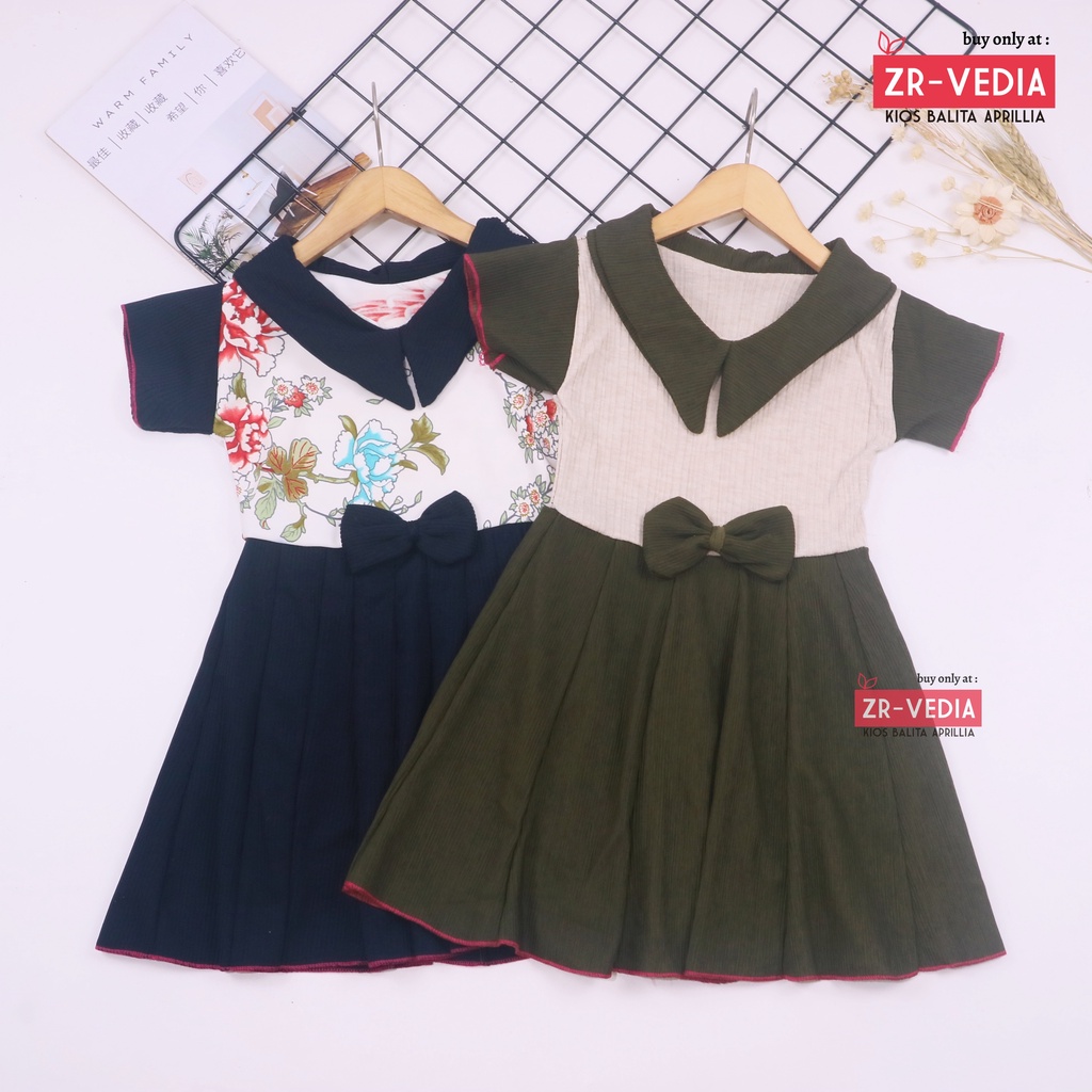 Dress Aqila uk 1-2 Tahun / Model Kerah Lengan Polos Batik Bunga Baju Anak Perempuan Cewek