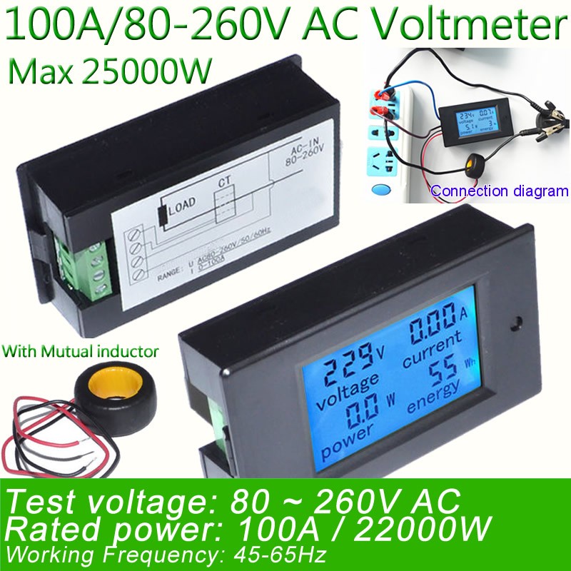 Digital Volt Amp AC 220V 100A Ammeter Watt Ampere Kwh Meter Voltmeter