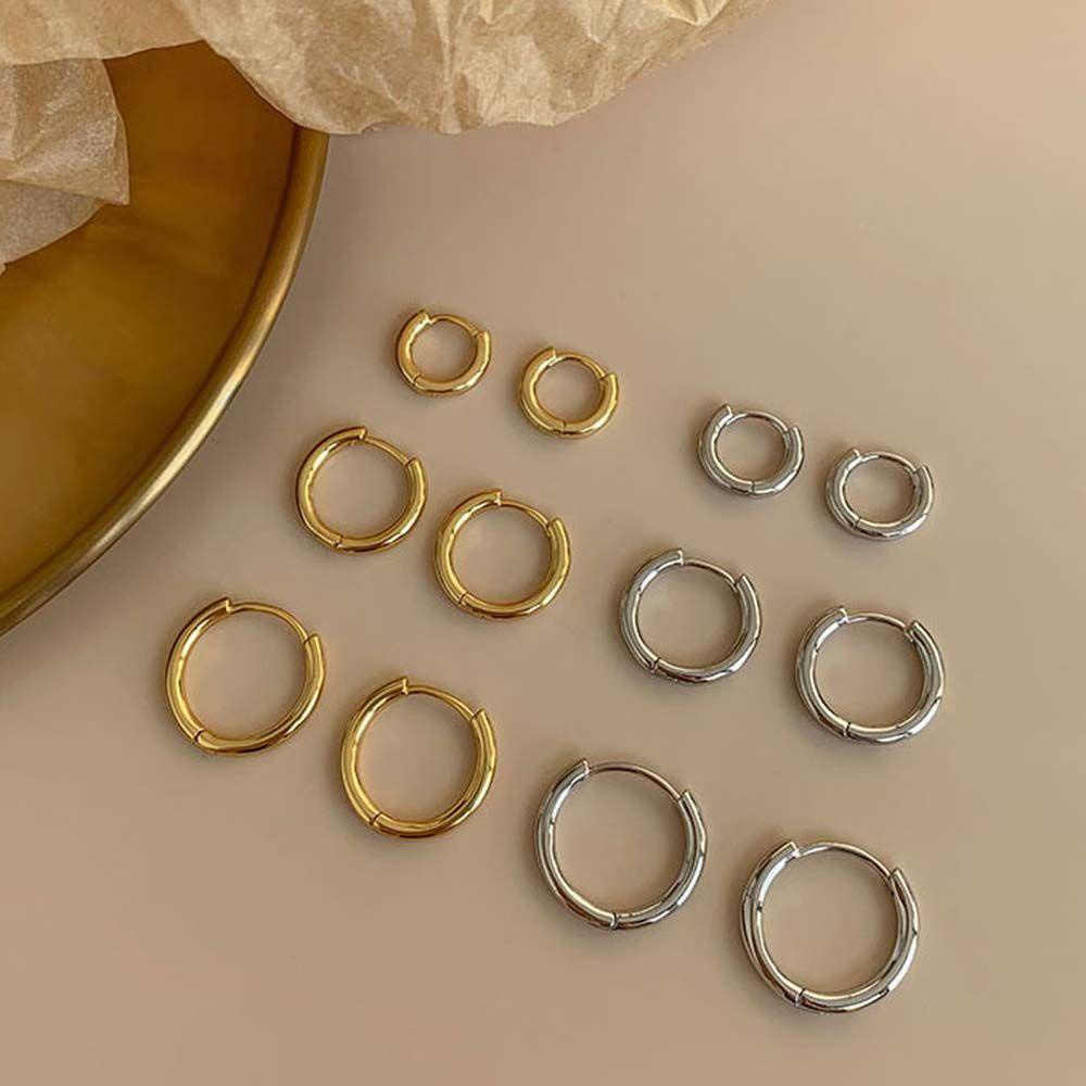 Mxbeauty Anting Hoop Daily Simple Ear Studs Bulat Lingkaran Perhiasan Fashion Warna Perak Metal Gaya Korea