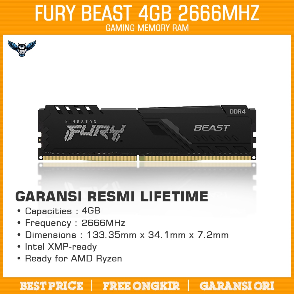 Ram Kingston Fury Beast 4GB 2666 (Single) DDR4 Black Memory 2666MHz