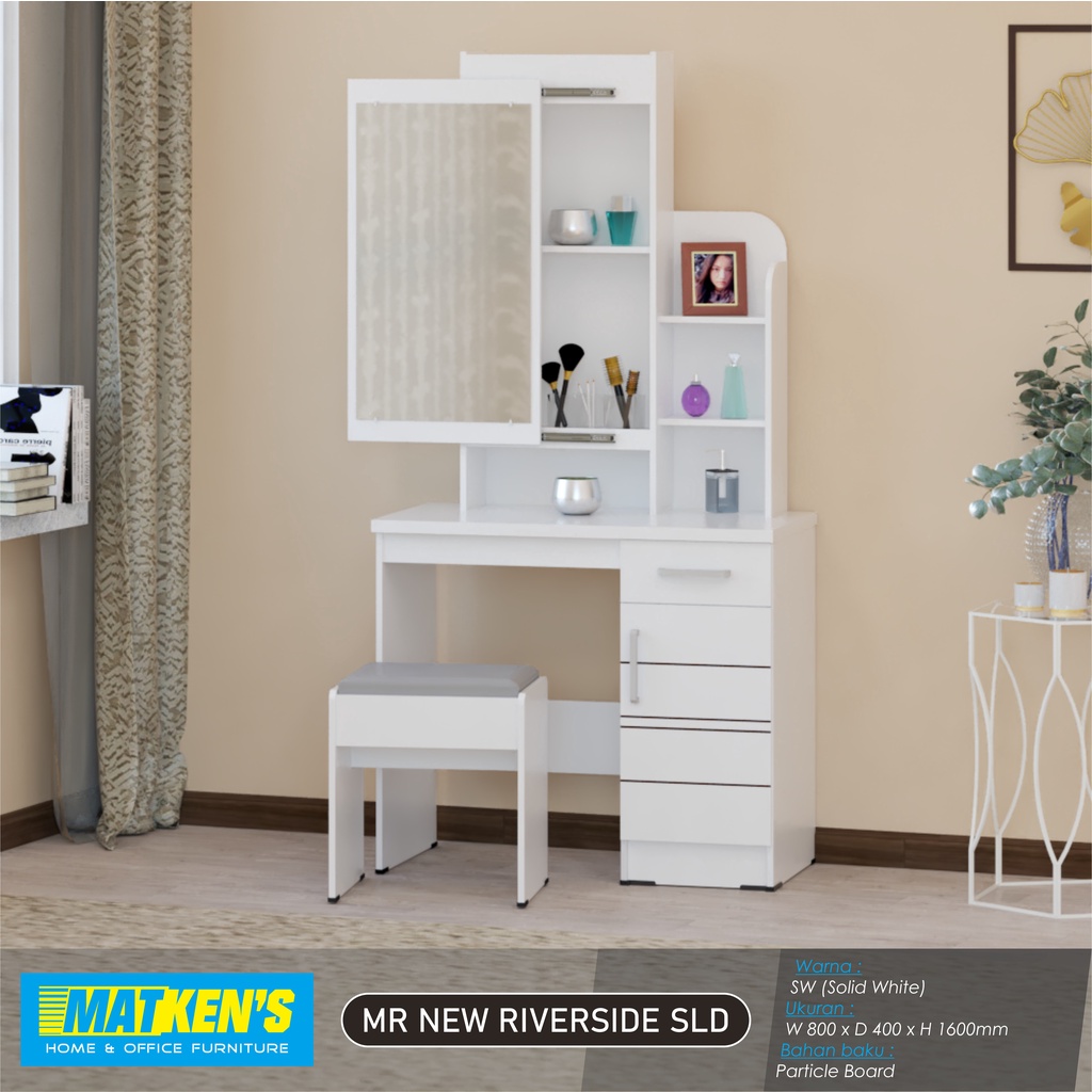 Trenz Furniture - Meja Rias Kaca Geser dengan Rak dan Laci Meja Kosmetik plus Kursi - Matken New Riv