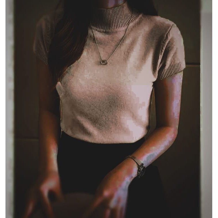 worldshop - Atasan Rajut Wanita Turtleneck - Kerah Tinggi Lengan Pendek - Knit Premium-Mocca