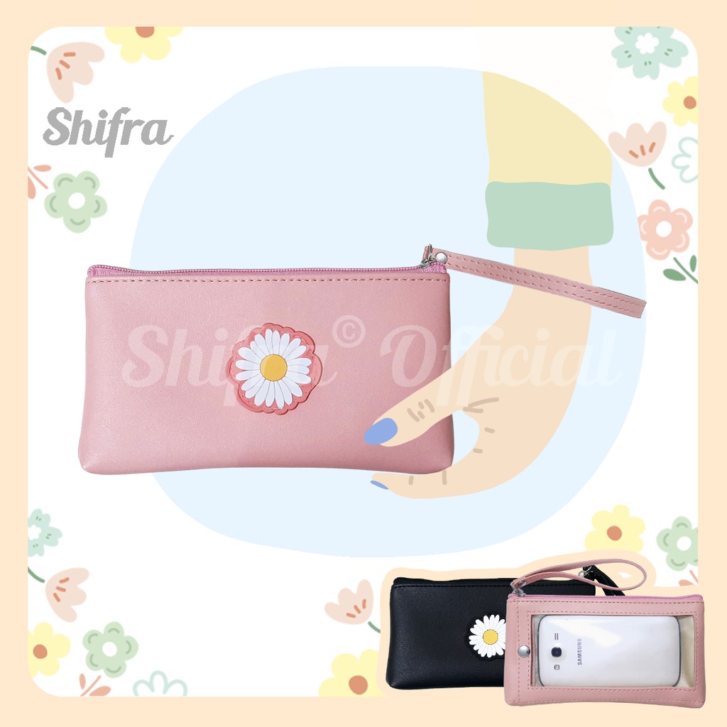 Shifra Tempat HP Mika Pouch Kosmetik Dengan Tempat Kartu Motif Bunga Daisy Black Pink